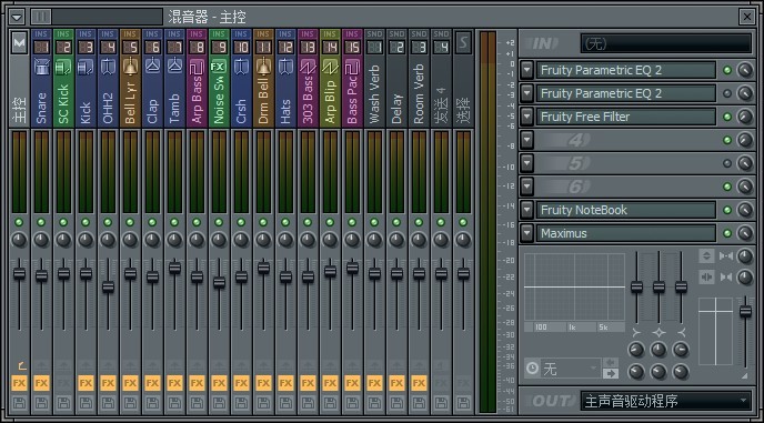 FL Studio的调音台（Mixer）视图